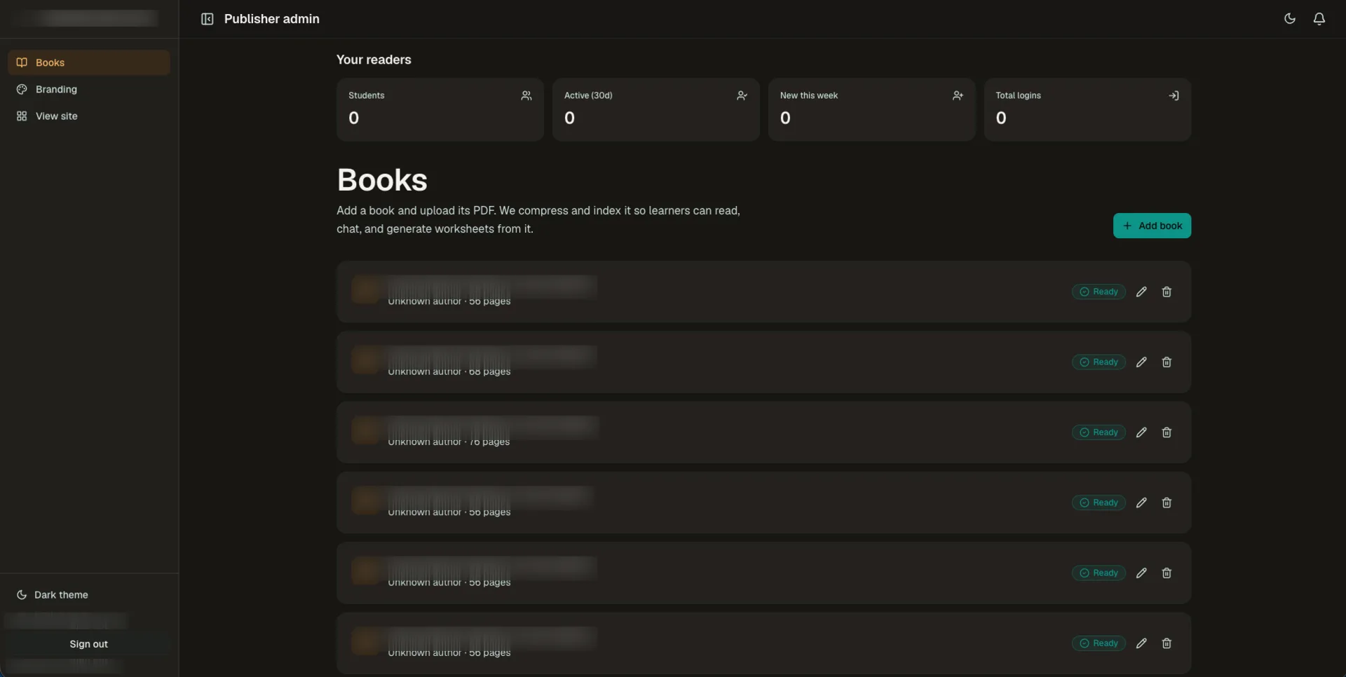 Publisher admin view listing uploaded books with processing status and reader statistics
