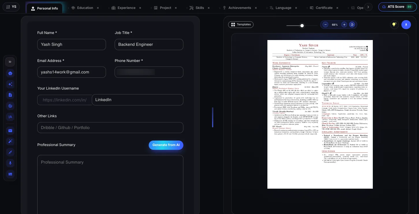FinalCV editor with live resume preview