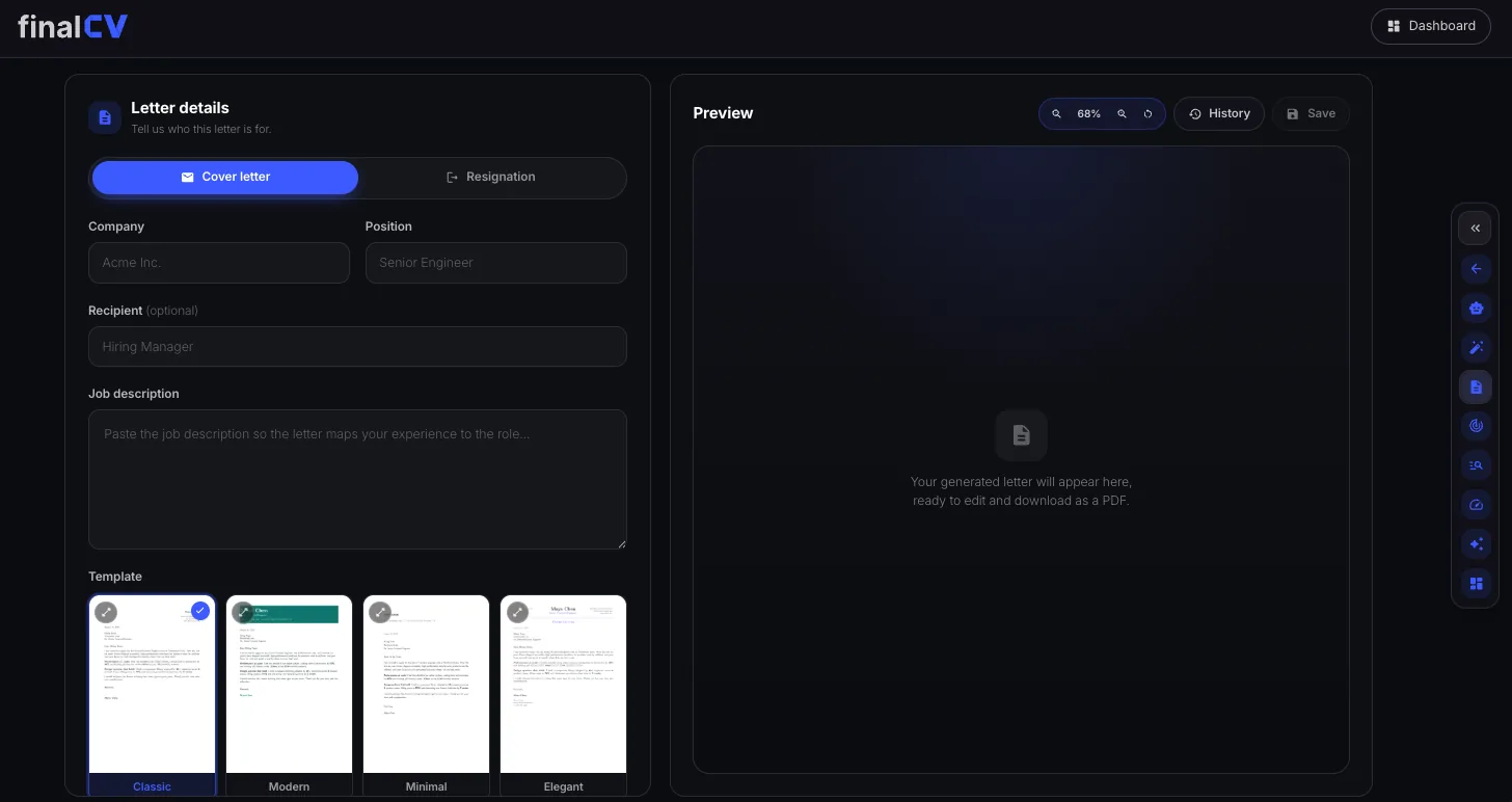 Cover letter builder with template picker