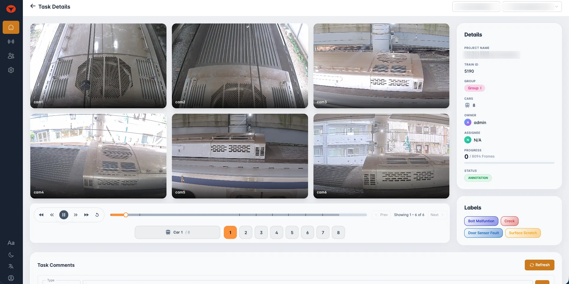 Task detail view showing six synchronised camera thumbnails and defect label options