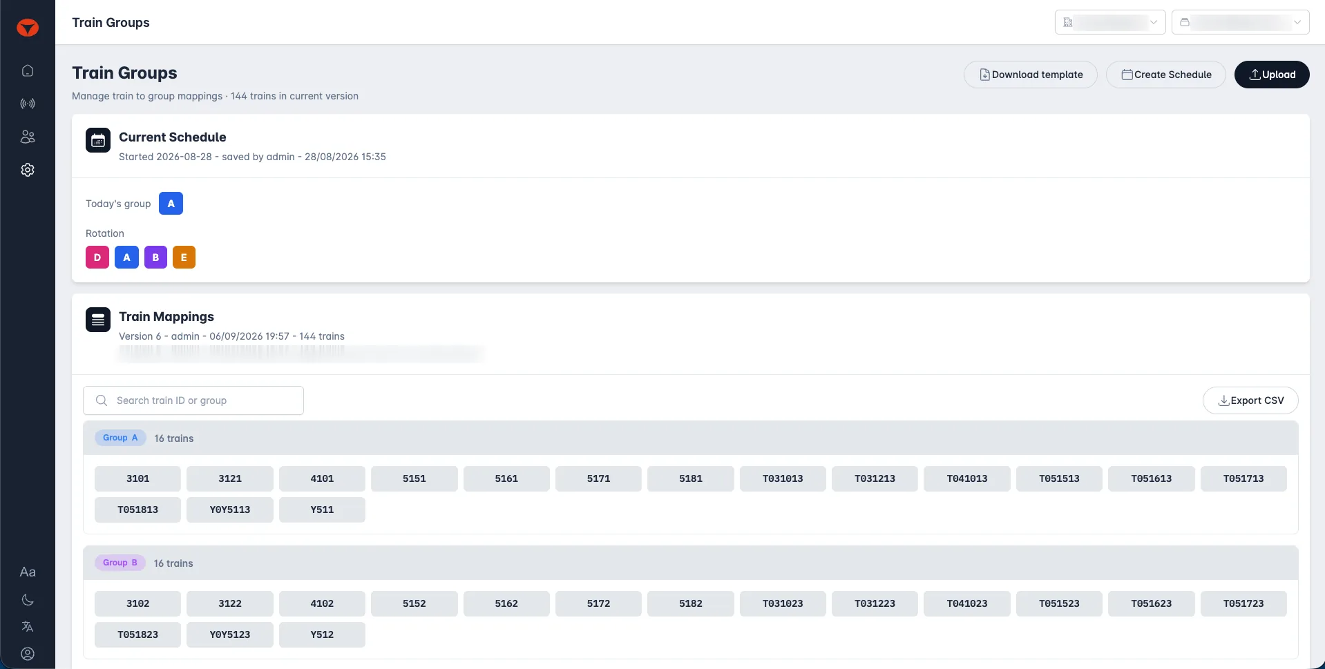 Train group scheduling screen showing a rotation and versioned train-to-group mappings