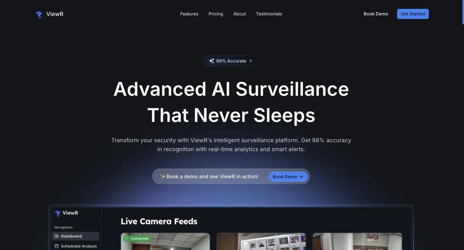 ViewR product landing page showing the live camera feed dashboard